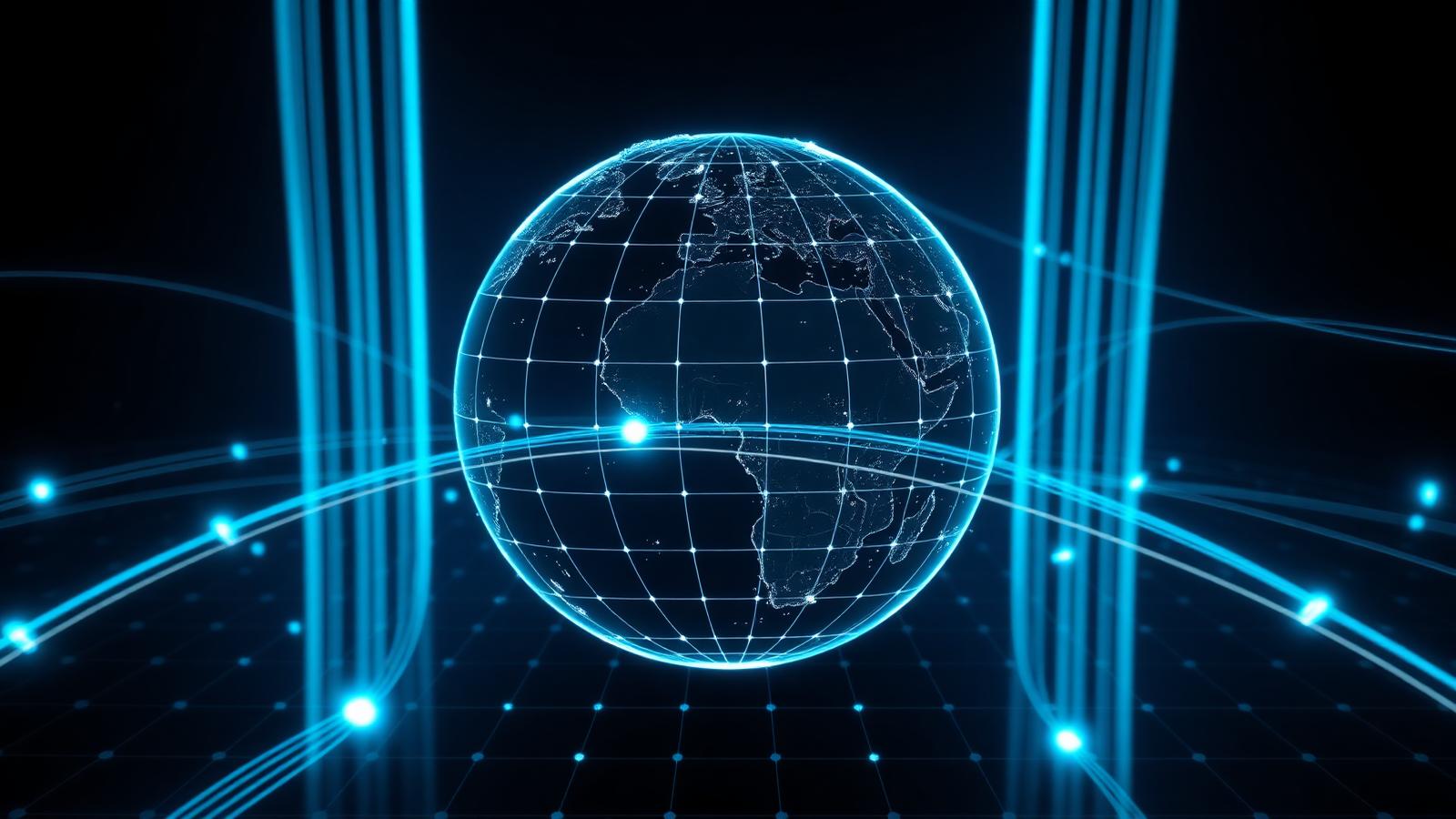 Illustration of a global fiber-optic telecommunications network